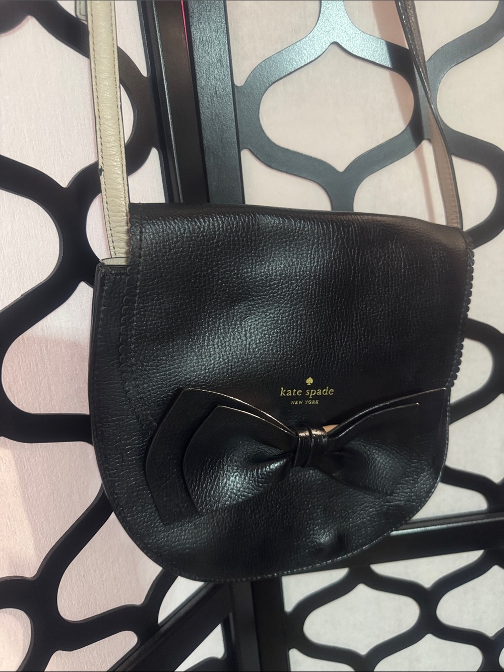 kate spade Black Leather Crossbody with Cream Strap and Bow Accent